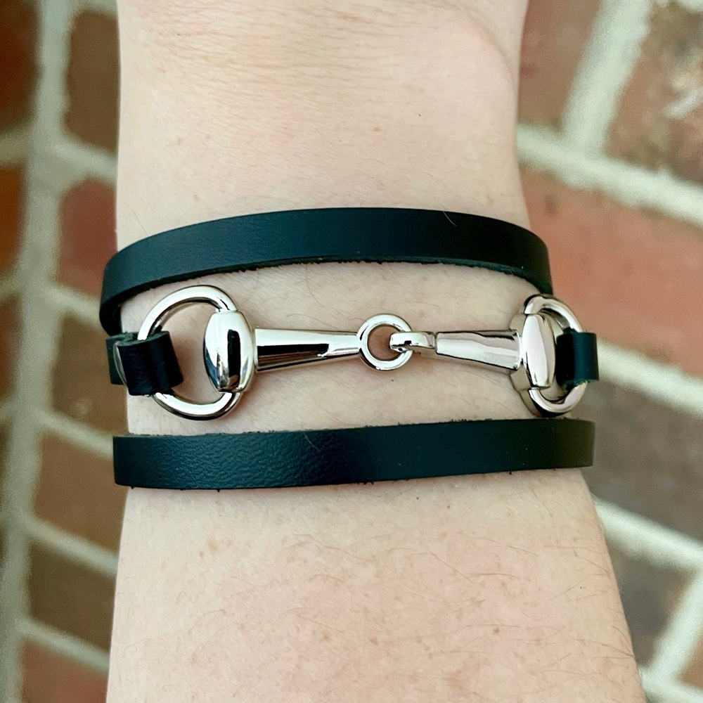 Snaffle Bit Wrap Bracelet with Black Genuine Leather - Silver